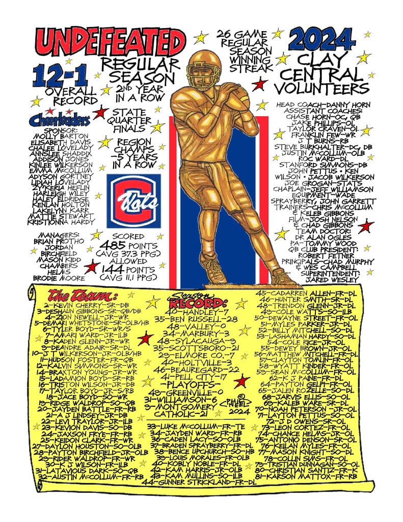 2024 Clay Central Volunteers Undefeated Regular Season State Quarterfinals Football commemorative drawing